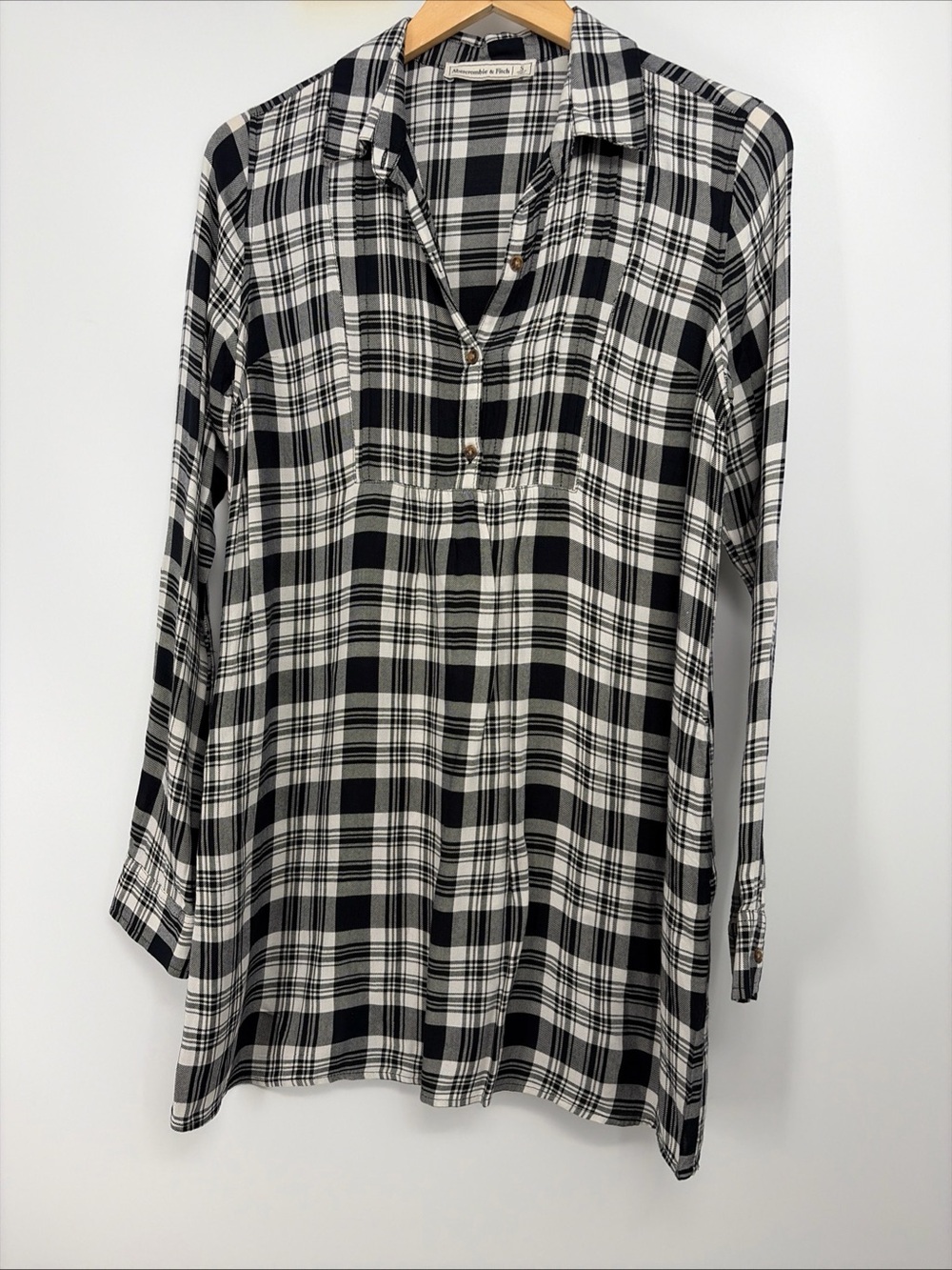 Abercrombie & Fitch Plaid Tunic Dress Sz Small Roll Tab Sleeves Black & White